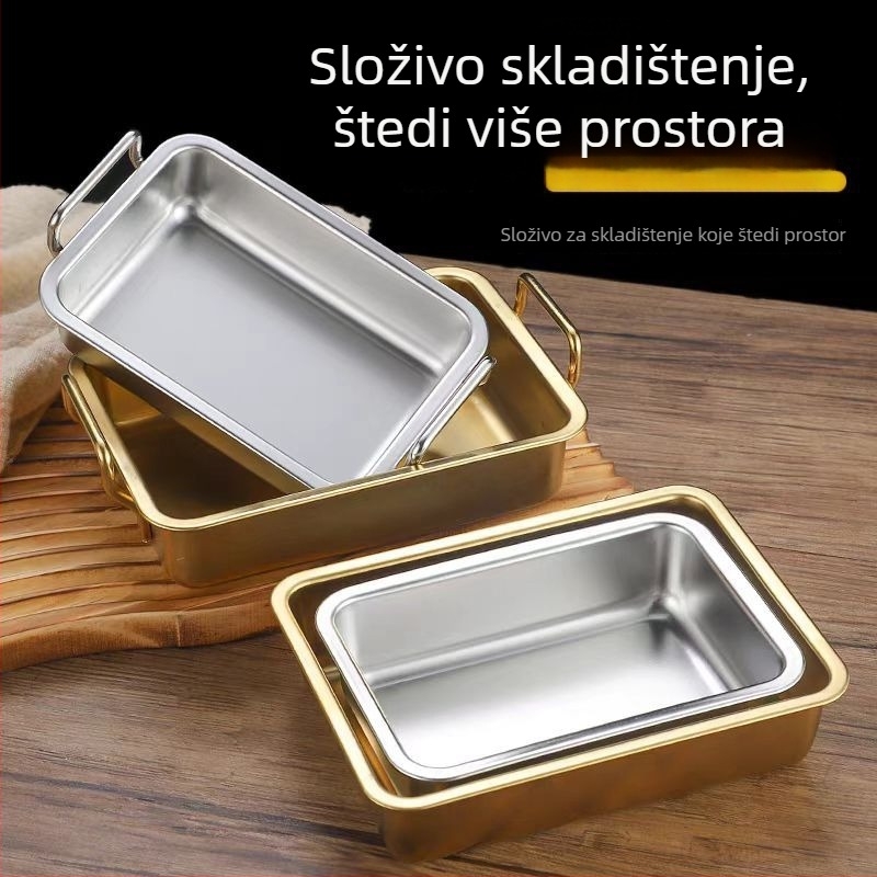 Korejski stil četvrtasta ploča od nehrđajućeg čelika s dvostrukim drškama, zlatni završetak; pogodna za prženu piletinu, pomfrit, hladna jela, deserte i grickalice.