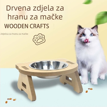 Hranilica za mačke s drvenim tijelom i posudom od nehrđajućeg čelika, anti-prevrnuće i zaštita vrata