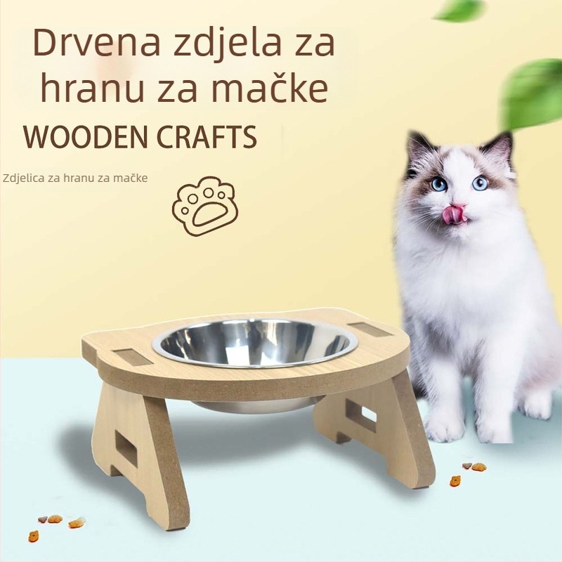 Hranilica za mačke s drvenim tijelom i posudom od nehrđajućeg čelika, anti-prevrnuće i zaštita vrata