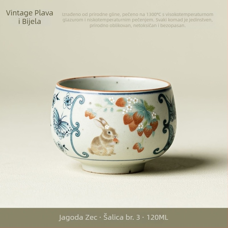 Čajna šalica u japanskom stilu, retro plavo-bijela sa motivom zeca i jagode, majstorska šalica, degustacijska šalica, jedna šalica, gostinska šalica, keramički kućni čajni set.