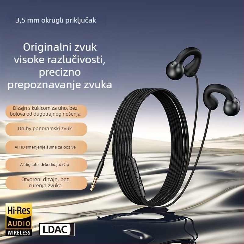 2,3 m klips slušalice, žične, s ušnim kukicama, dinamički pogon, udobne za dugo nošenje, kabel 2,3 m / 1,2 m, za mobitel, stolna računala, prijenosna računala i igranje