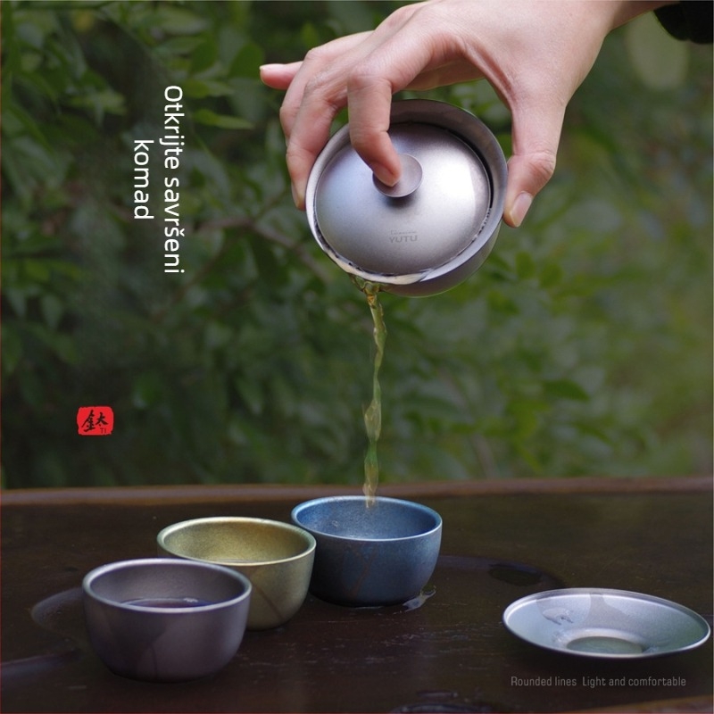 Set gaiwan od čistog titana, trodijelni, dvostruko izolirana šalica za čaj, 130 ml, u kutiji za poklon