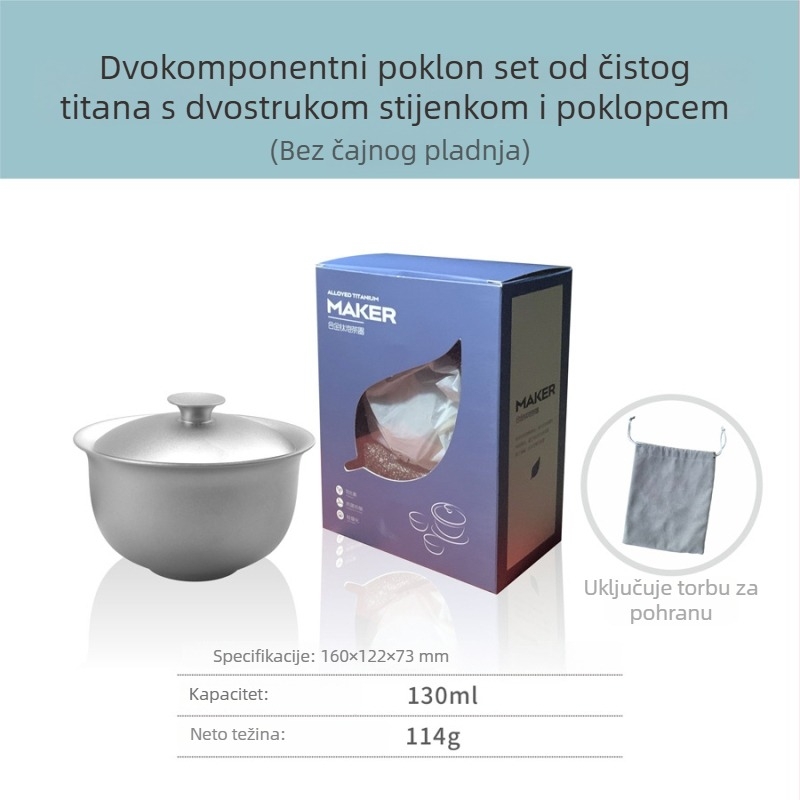 Set gaiwan od čistog titana, trodijelni, dvostruko izolirana šalica za čaj, 130 ml, u kutiji za poklon