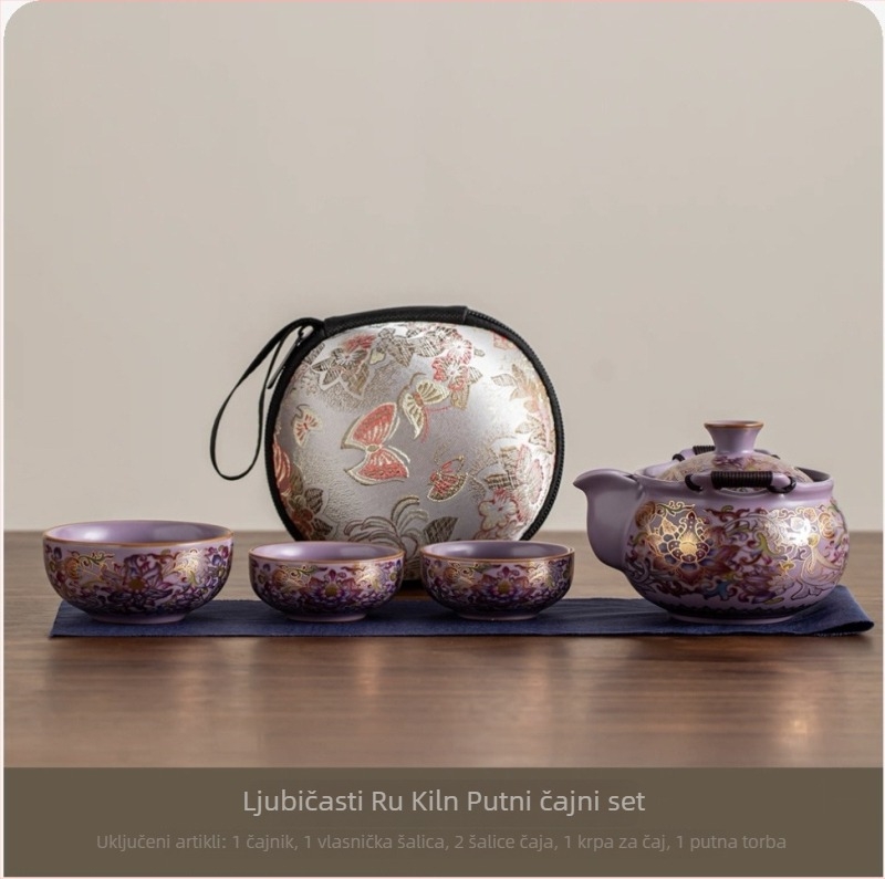 Porcelanski čajni set Purple Ru Kiln s srebrnim premazom i motivom božura, ručni držanje, putni set čaja — jedan čajnik i tri šalice