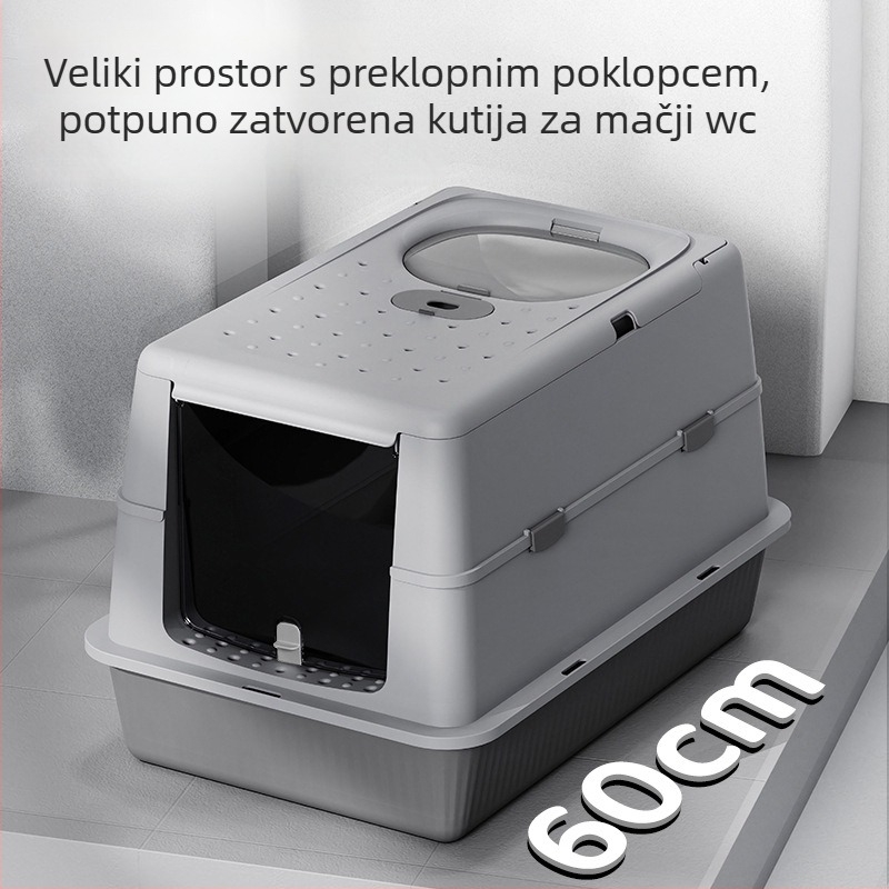 Potpuno zatvorenena kutija za mačji pijesak, extra velika, s visokim ogradom, zatvorenim poklopom, otporna na prskanje, periva