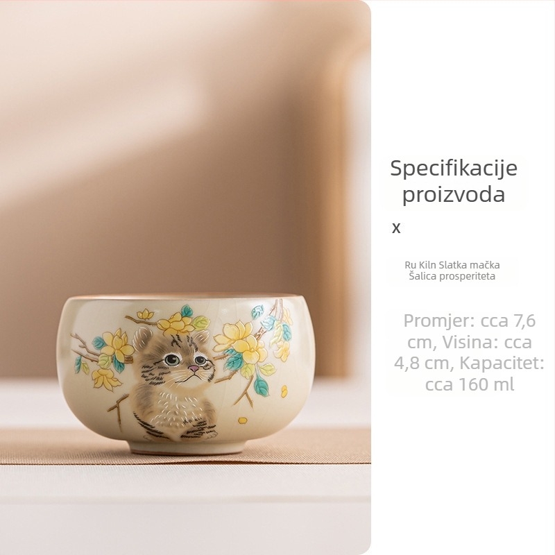 Ruyao porcelanska čajna šalica s motivom mačice, bež boja, velika kapaciteta, glazura s pukotinama, za Gongfu čaj