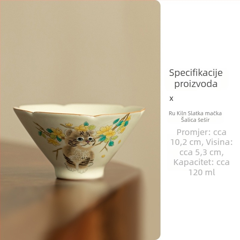Ruyao porcelanska čajna šalica s motivom mačice, bež boja, velika kapaciteta, glazura s pukotinama, za Gongfu čaj