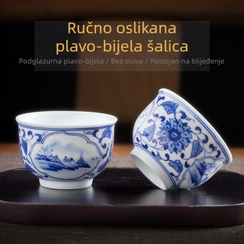 Ručno oslikana plavo-bijela keramička čajna šalica s pejzažom, vrhunski porcelan, Kung Fu čajna šalica