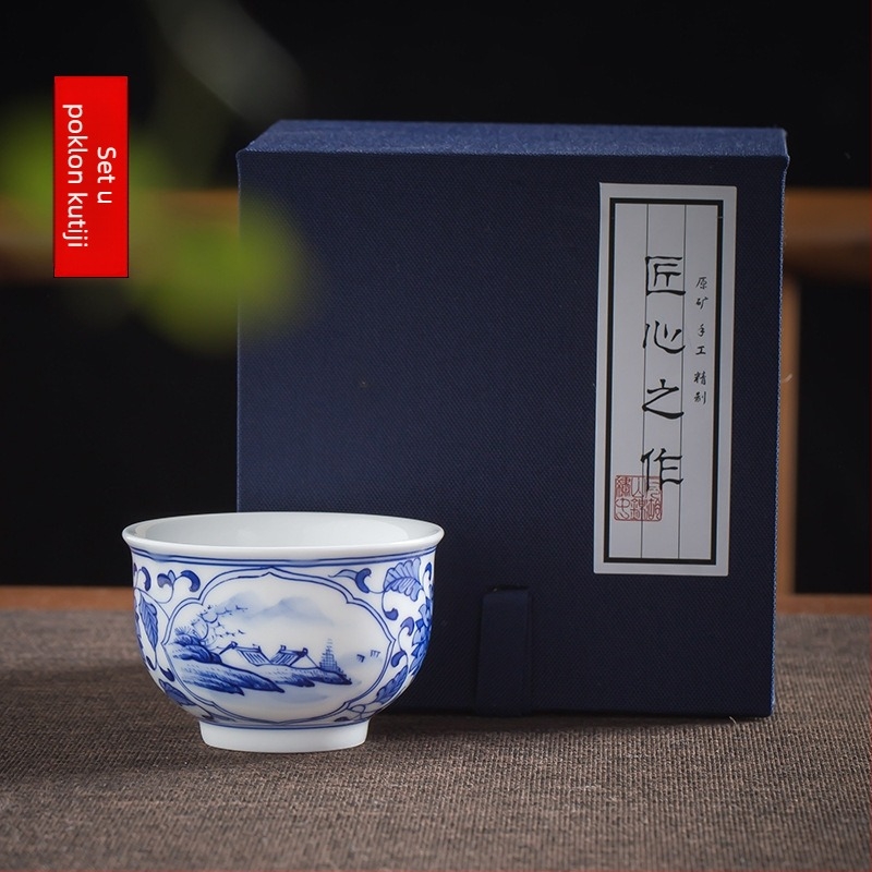 Ručno oslikana plavo-bijela keramička čajna šalica s pejzažom, vrhunski porcelan, Kung Fu čajna šalica