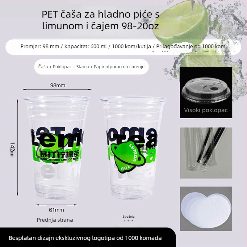 PET čaše za limun čaj s poklopcem, jednokratne, za komercijalnu upotrebu, mogućnost prilagođenog logotipa