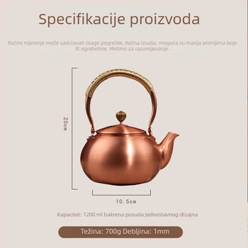Bakarni čajnik za kuhanje vode i pripremu čaja, velik kapacitet, poluručna izrada, retro stil, pogodan za električni keramički štednjak