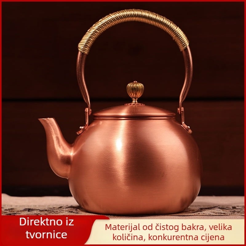 Bakarni čajnik za kuhanje vode i pripremu čaja, velik kapacitet, poluručna izrada, retro stil, pogodan za električni keramički štednjak