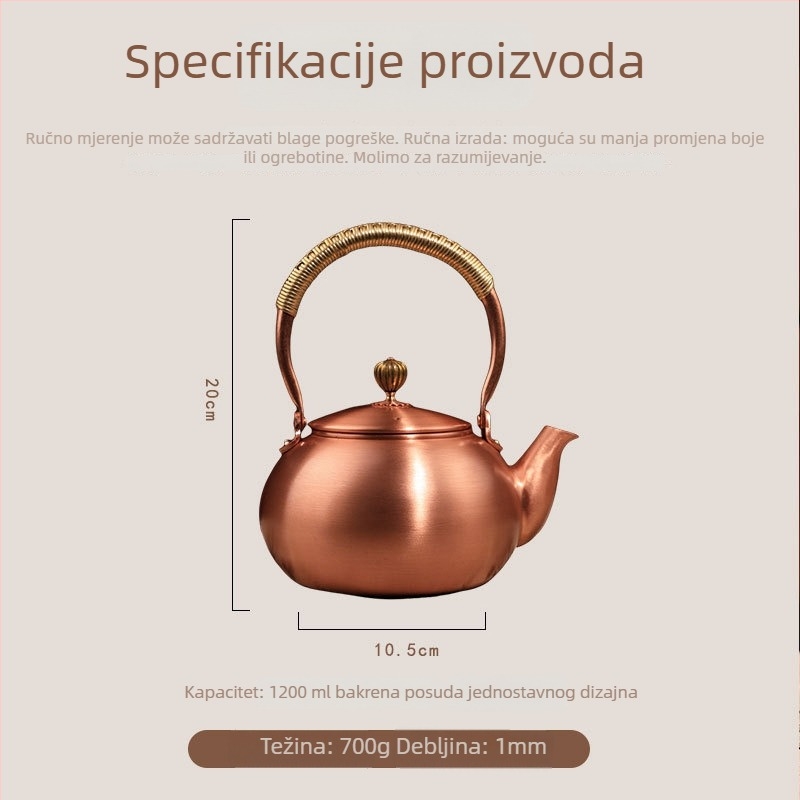 Bakarni čajnik za kuhanje vode i pripremu čaja, velik kapacitet, poluručna izrada, retro stil, pogodan za električni keramički štednjak
