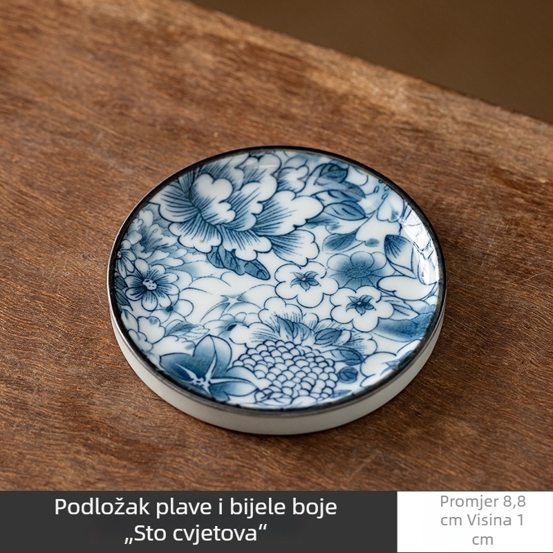 Vintage plavo-bijeli keramički dodaci za ceremoniju čaja: podloške za šalice, držač poklopca, podloške za čaj i držač čajnoga