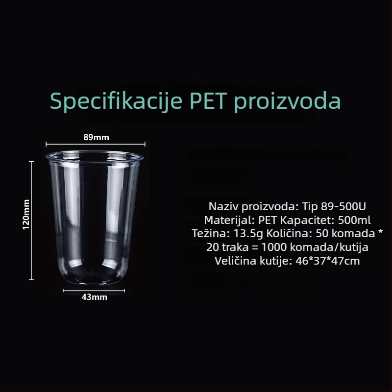 Jednokratne PET čaše za mliječni čaj, trendi debele čaše s U oblikom, promjer 90 mm