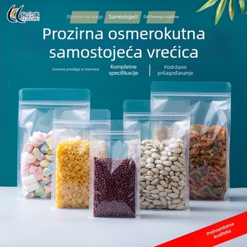 Prozirna vrećica s osam stranica, stojaca, ponovno zatvarljiva, debela, za pakiranje snackova i orašastih plodova