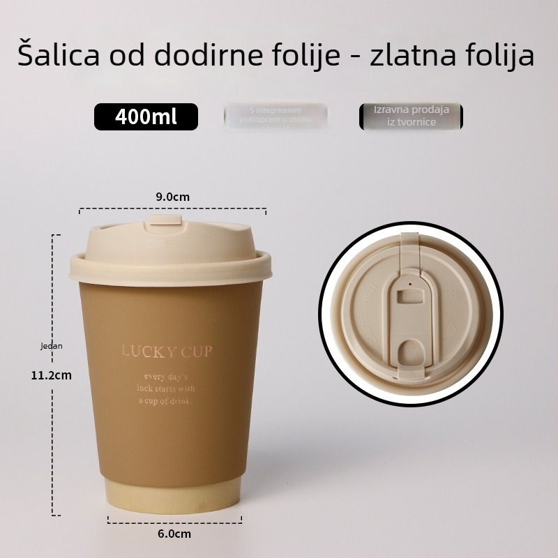 Jednokratna šalica za kavu s poklopcem, zlatno otisak na debelom papiru, 400 ml za topla pića