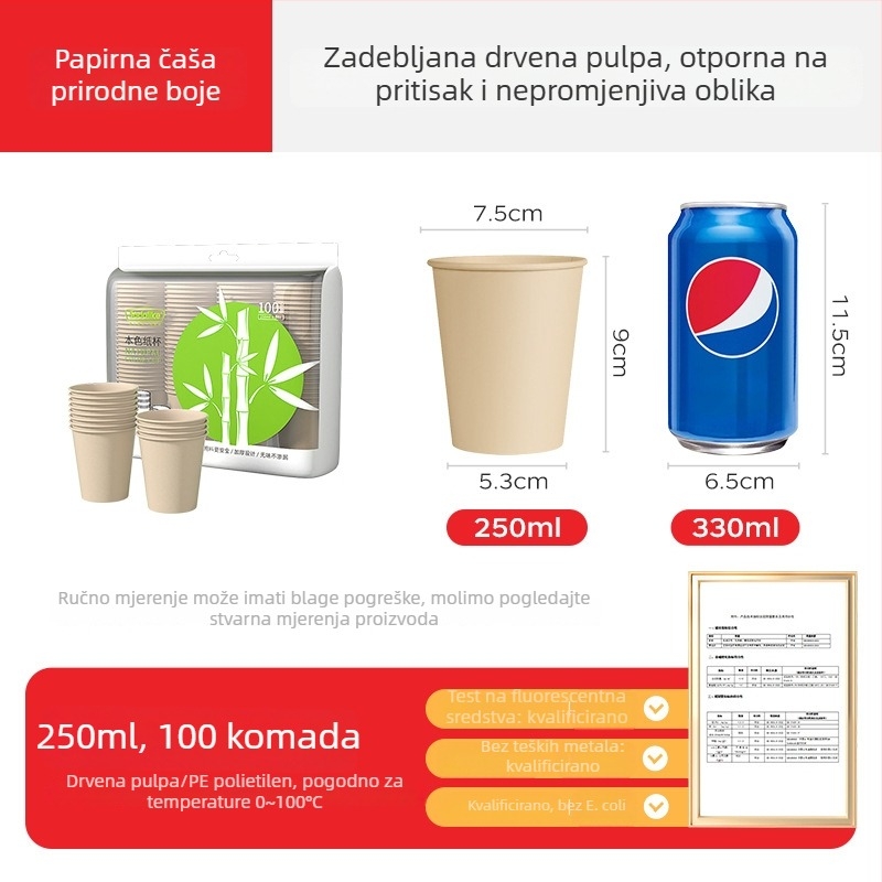 Jednokratne debelirane papirnate čaše, za kućnu i uredsku upotrebu, za vruće i hladne napitke, čaj s mlijekom, 250 ml, paket od 100 komada
