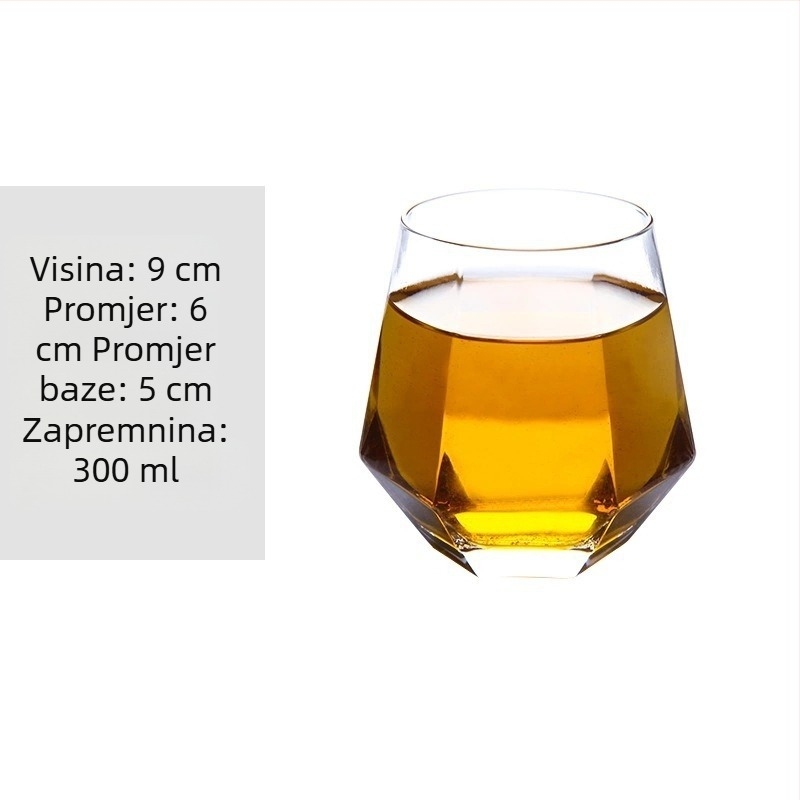 Krištalna čaša za vino s dijamantnim šesterokutnim dizajnom, pozlaćeni rub, prozirna čaša, zapremina 301–400 ml, moderni minimalistički stil