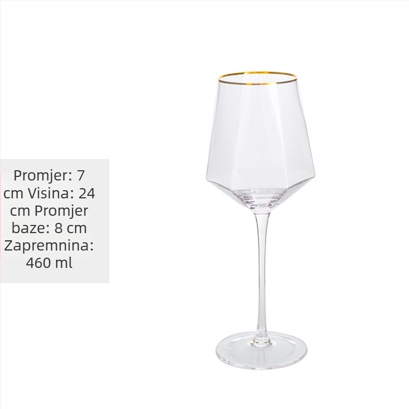 Krištalna čaša za vino s dijamantnim šesterokutnim dizajnom, pozlaćeni rub, prozirna čaša, zapremina 301–400 ml, moderni minimalistički stil