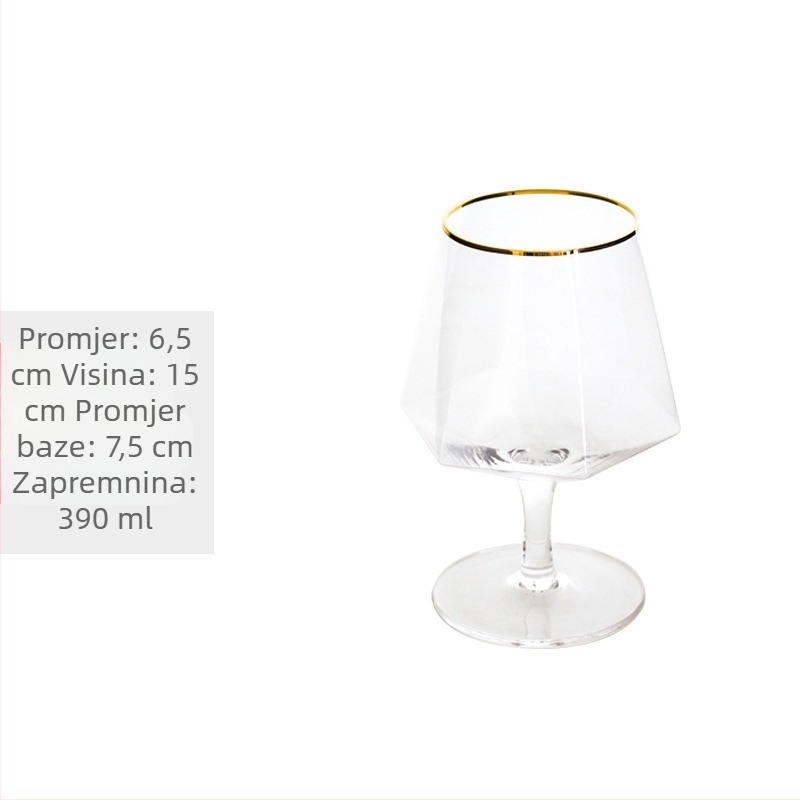 Krištalna čaša za vino s dijamantnim šesterokutnim dizajnom, pozlaćeni rub, prozirna čaša, zapremina 301–400 ml, moderni minimalistički stil