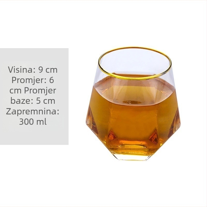 Krištalna čaša za vino s dijamantnim šesterokutnim dizajnom, pozlaćeni rub, prozirna čaša, zapremina 301–400 ml, moderni minimalistički stil