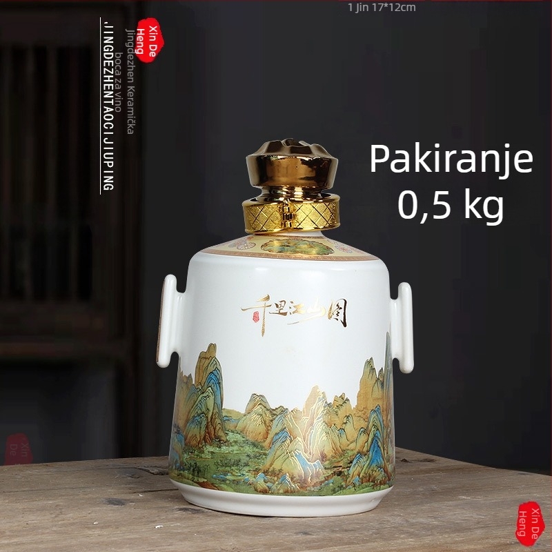 Prazna keramička bočica za vino s motivom Tisuću rijeka i planina, bijeli porcelan, mala bočica