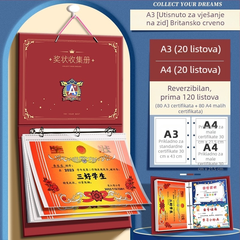 A4 knjiga certifikata u britskom stilu za dječake, mogućnost unosa imena, školski umjetnički album za zidno izlaganje priznanja