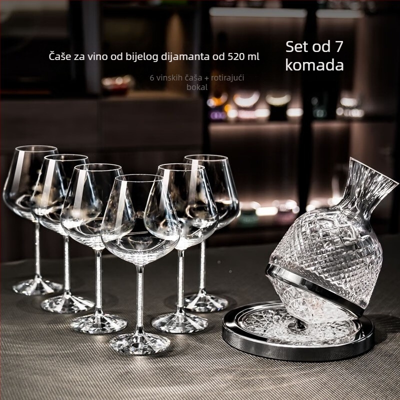 Premium set čaša za burgundsko vino u kožnoj kutiji s okretanjem dekantera i čašama ukrašenima dijamantima