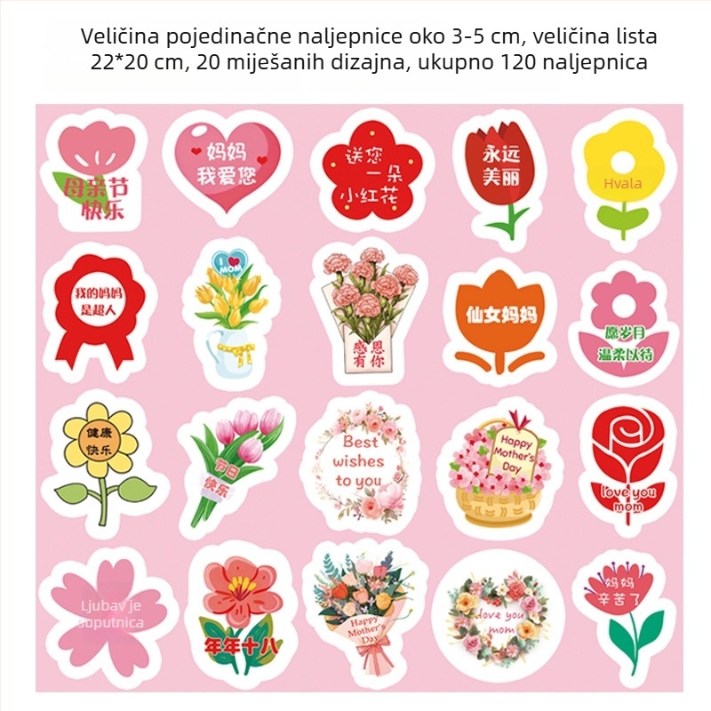 Naljepnice za Majčin Dan – za mamu, dekorativni mali motivi za buket cvijeća, darovnu torbu i kutiju, samoljepljive naljepnice