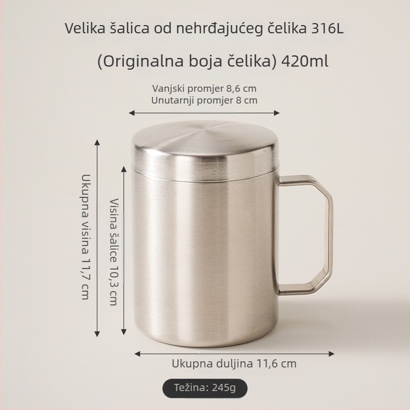 Šalica od nehrđajućeg čelika 316L sa poklopcem, za kućnu i uredsku upotrebu, izolirana šalica za kavu s debelim dnom