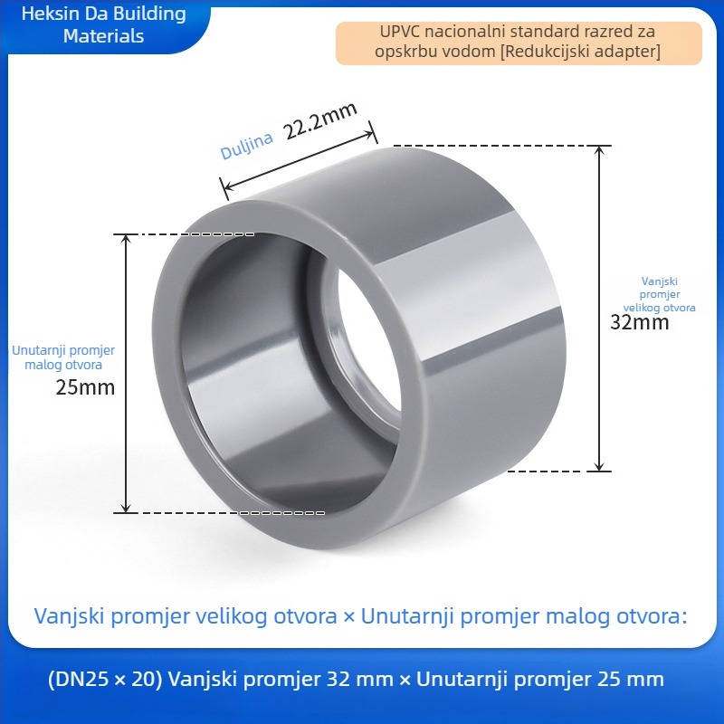 UPVC reduktor spoj za vodovod, svjetlosive boje, otporan na kiseline i lužine, s punjenjem jezgre, 25×20 mm
