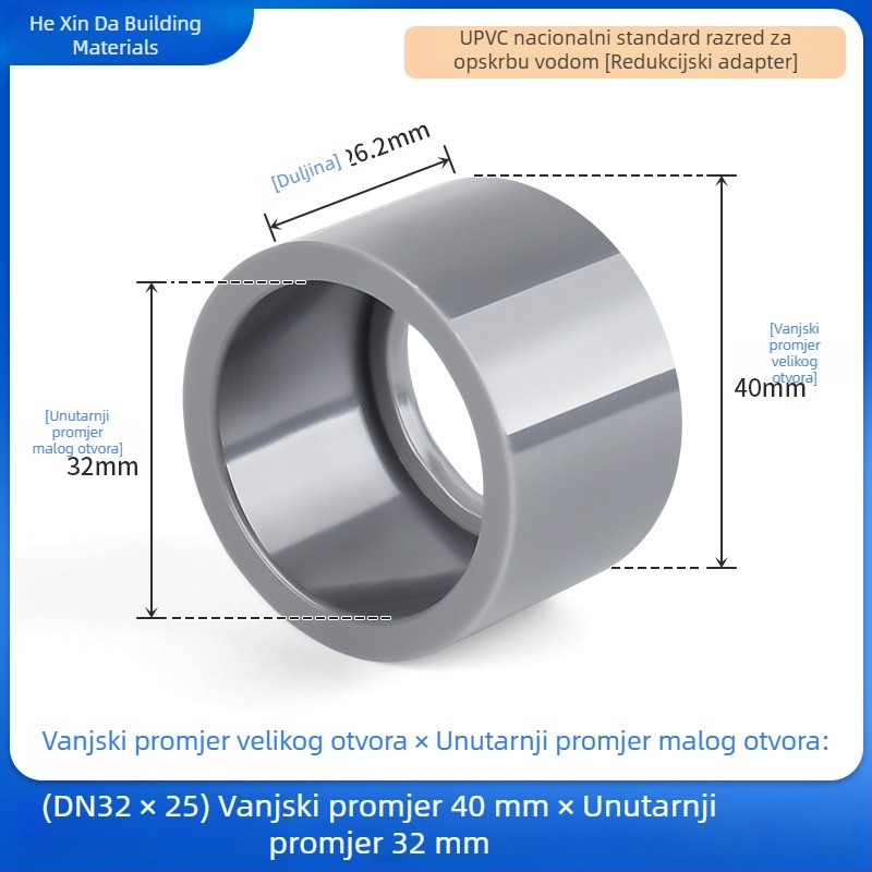 UPVC reduktor spoj za vodovod, svjetlosive boje, otporan na kiseline i lužine, s punjenjem jezgre, 25×20 mm