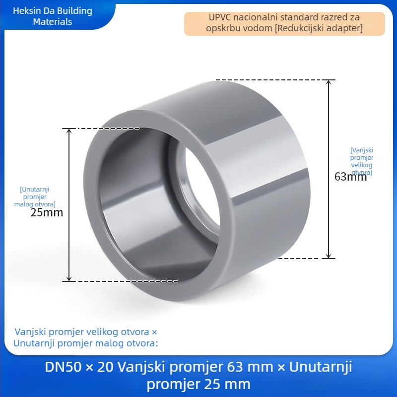 UPVC reduktor spoj za vodovod, svjetlosive boje, otporan na kiseline i lužine, s punjenjem jezgre, 25×20 mm