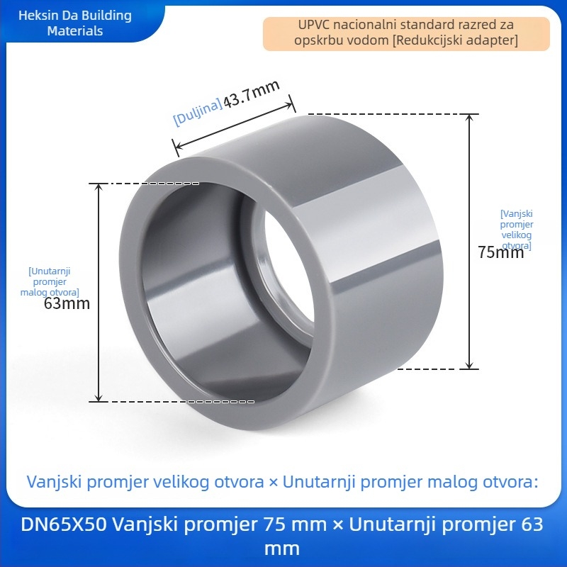 UPVC reduktor spoj za vodovod, svjetlosive boje, otporan na kiseline i lužine, s punjenjem jezgre, 25×20 mm