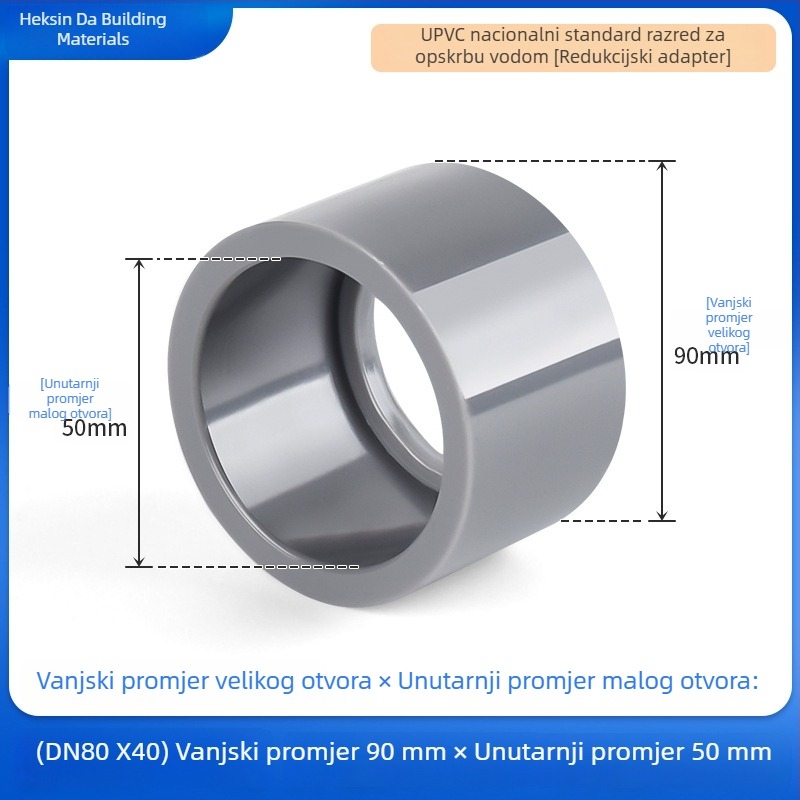 UPVC reduktor spoj za vodovod, svjetlosive boje, otporan na kiseline i lužine, s punjenjem jezgre, 25×20 mm