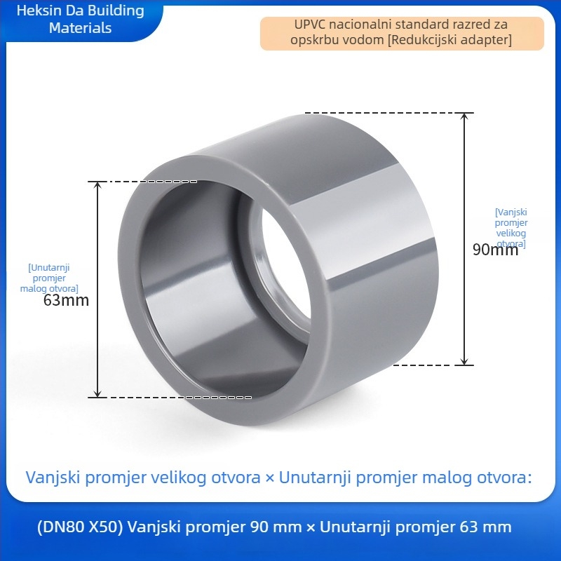 UPVC reduktor spoj za vodovod, svjetlosive boje, otporan na kiseline i lužine, s punjenjem jezgre, 25×20 mm
