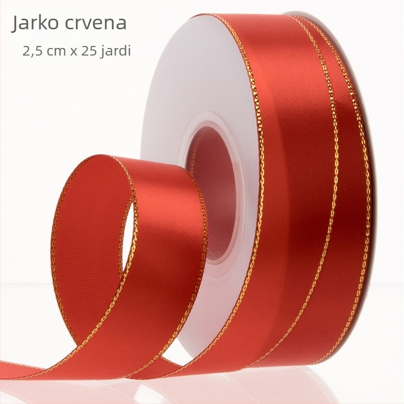 2,5 cm široka satenska traka s zlatnim rubom – vrhunska traka za pakiranje cvijeća, darova i dekoracija