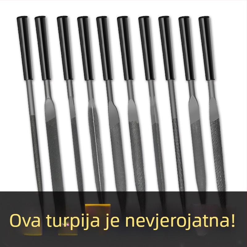 Set raznolikih datoteka za oblikovanje i poliranje: mali ravni, polukružni i trokutasti alati za drvo i metal