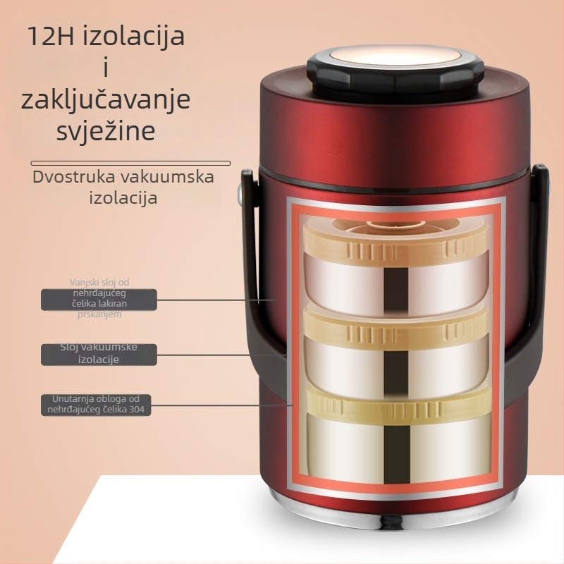 Kutija za obrok od nehrđajućeg čelika s vakuum izolacijom, trostruka izolacija, velika kapaciteta, za studente i uredske djelatnike, prenosna višedijelna kutija za obrok