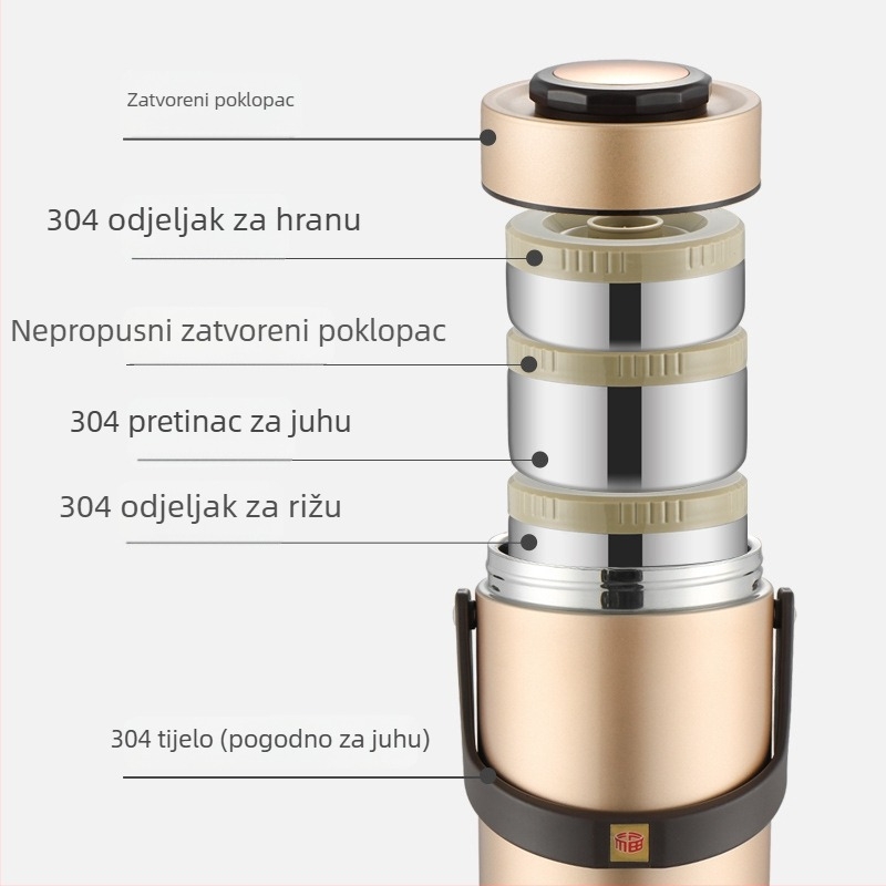 Kutija za obrok od nehrđajućeg čelika s vakuum izolacijom, trostruka izolacija, velika kapaciteta, za studente i uredske djelatnike, prenosna višedijelna kutija za obrok