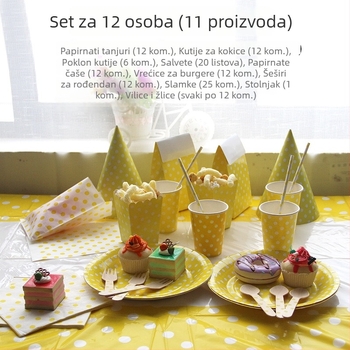 12-dijelni jednorazni papirnati servis za dječje rođendanske proslave, žuta točkasta uzorak, čaše i tanjuri, promjer 23 cm, dvostruka debljina