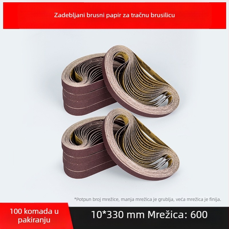 Abrasivni pojas za brušenje i poliranje, smeđi korund, dimenzije 330×10 mm i 520×20 mm, za metal i drvo