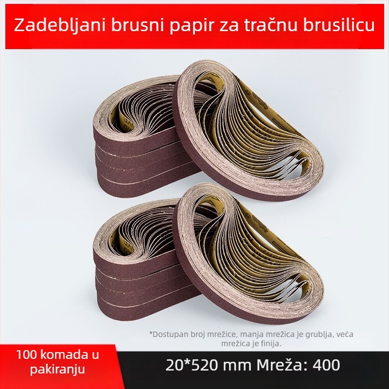 Abrasivni pojas za brušenje i poliranje, smeđi korund, dimenzije 330×10 mm i 520×20 mm, za metal i drvo