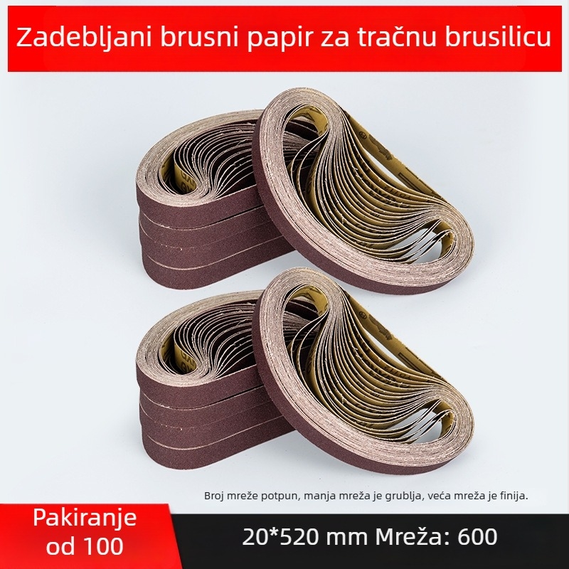 Abrasivni pojas za brušenje i poliranje, smeđi korund, dimenzije 330×10 mm i 520×20 mm, za metal i drvo