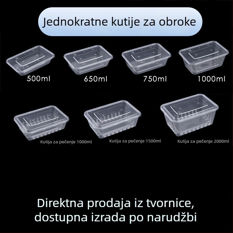 Pravokutna jednokratna kutija za dostavu, proziran plastični materijal, prehrambena kvaliteta, 300 komada