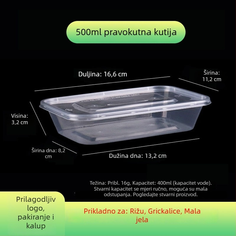 Pravokutna jednokratna kutija za dostavu, proziran plastični materijal, prehrambena kvaliteta, 300 komada