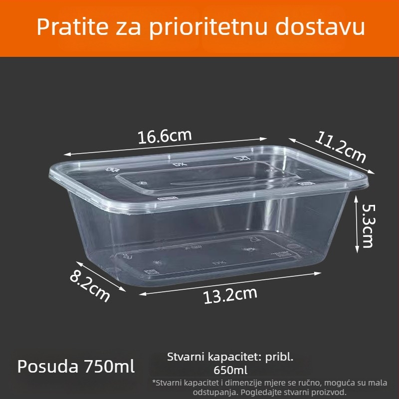 Pravokutna jednokratna kutija za dostavu, proziran plastični materijal, prehrambena kvaliteta, 300 komada