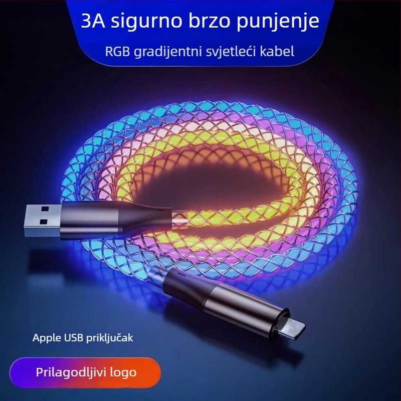 RGB osvijetljeni USB-C/Data kabel s 6A PD brzim punjenjem i trostrukim konektorom (3-u-1)