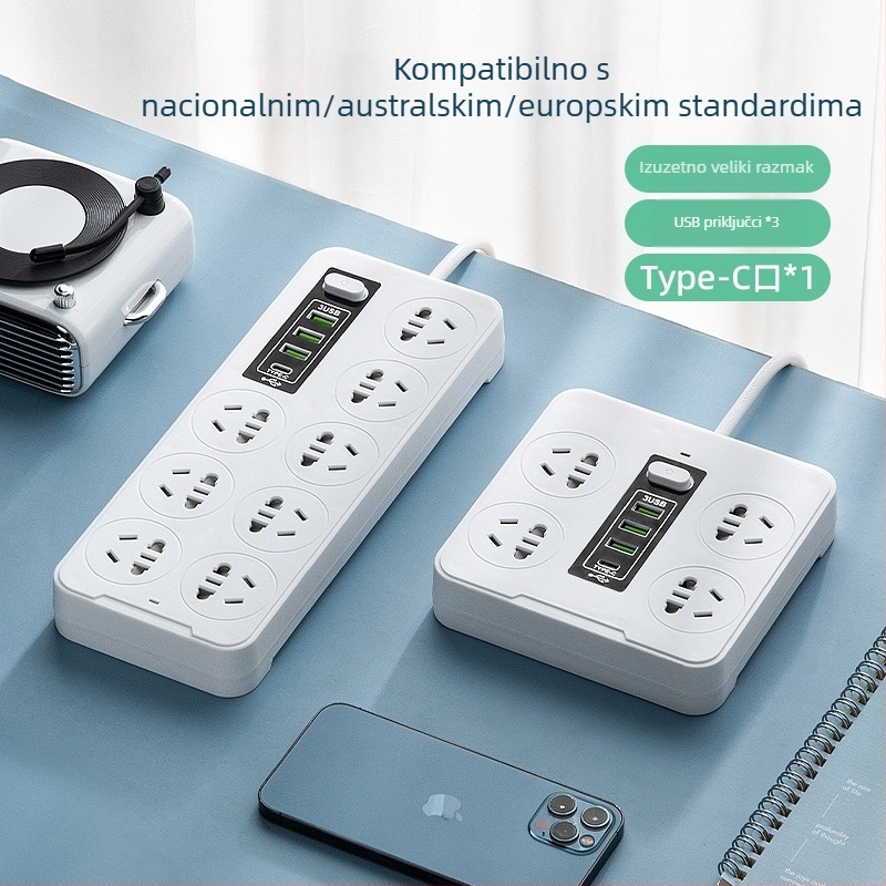 Pametni produžni kabel s dugim kabelom i više utičnica, USB punjenje, PD napajanje